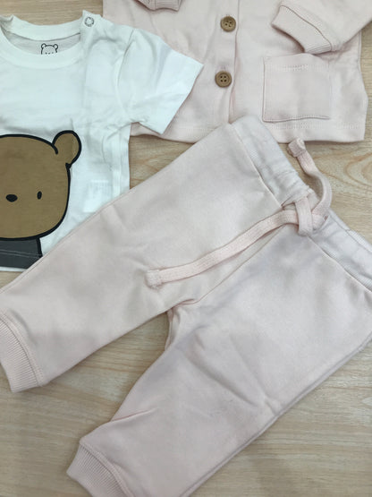 Tuta AVentiQuattrore in cotone rosa tre pezzi t-shirt felpina e pantalone lungo con sacca abbinata decorato da orsetti
