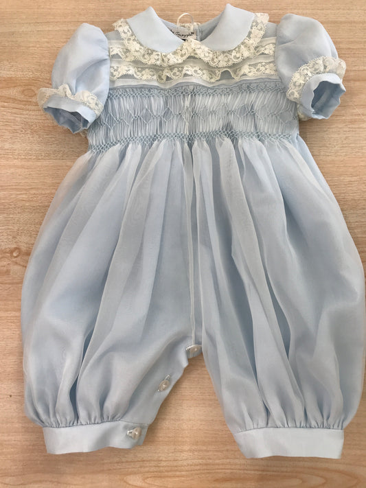 Pagliaccetto Piccola Giuggiola in organza in seta manica a sbuffo con corpetto lavorato da punto smock e lavorazione di valancienne