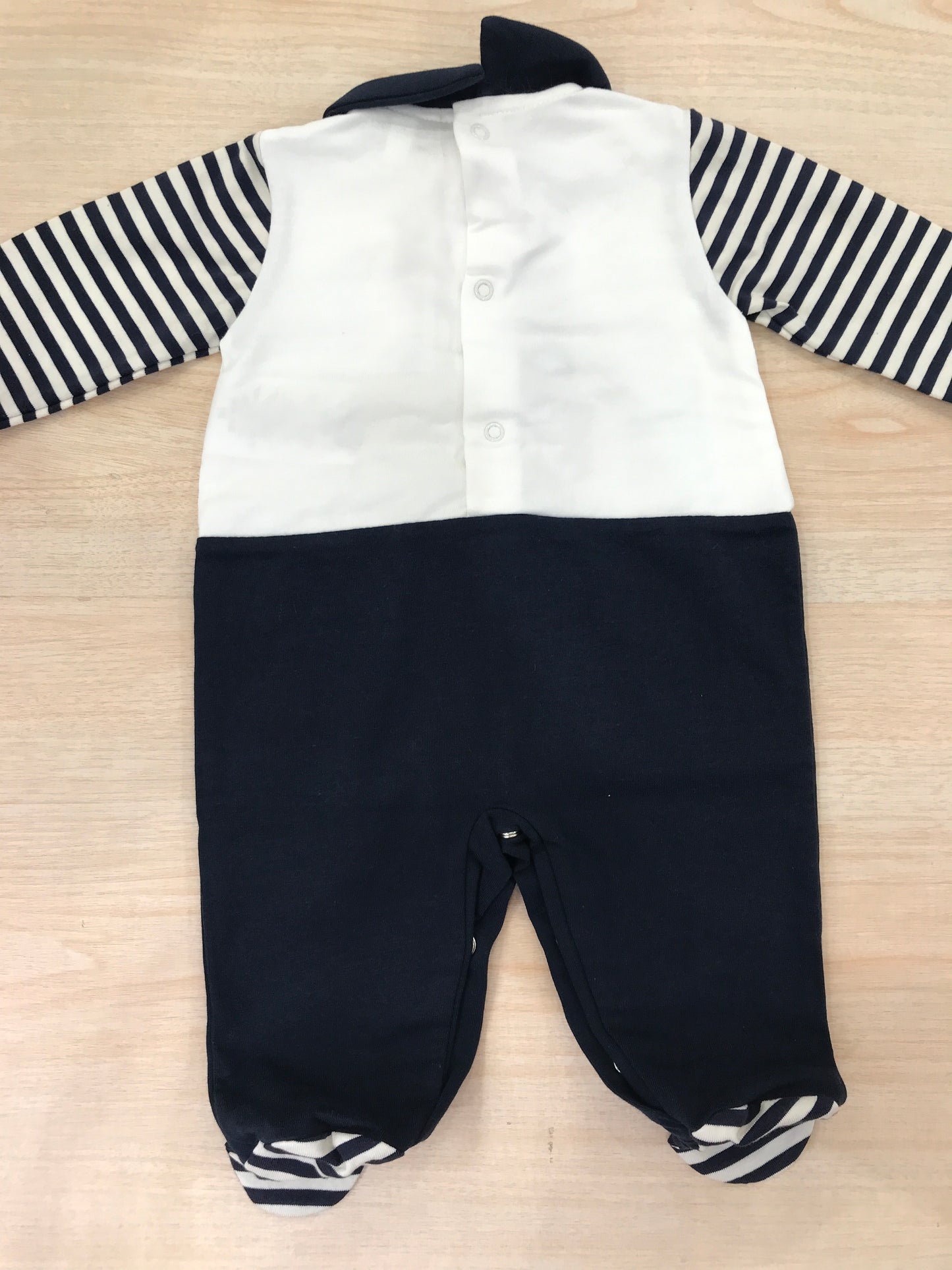 Tutina Nanan in cotone manica lunga gamba lunga bianca e blu a righe con orsetto sul davanti