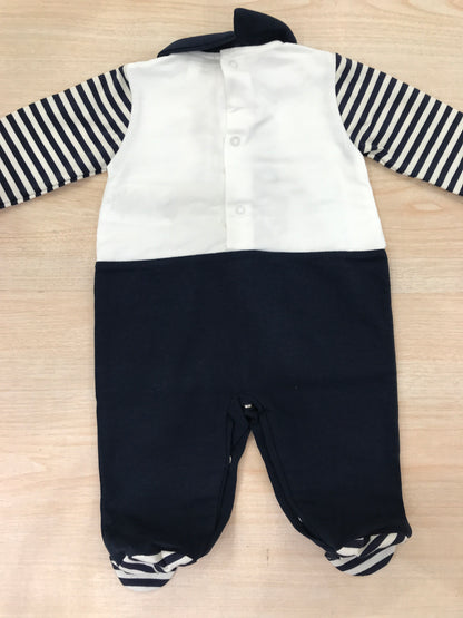 Tutina Nanan in cotone manica lunga gamba lunga bianca e blu a righe con orsetto sul davanti