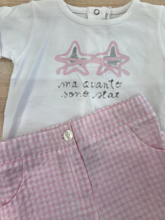 Completo Coccodè in cotone t-shirt mezza manica con decori con pantalone corto a quadretti rosa e bianchi