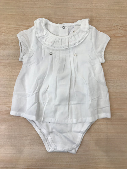 Body Laranjinha in cotone mezza manica con collo con rusche rifinita in san gallo e pois rosa con effetto finta camicia