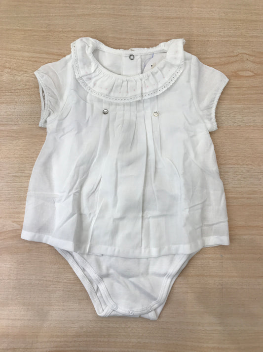 Body Laranjinha in cotone mezza manica con collo con rusche rifinita in san gallo e pois rosa con effetto finta camicia