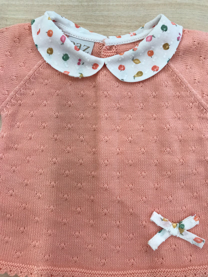 Completo Paz Rodriguez in filo rosa pesca mezza manica con colletto tondo con frutta con culotte