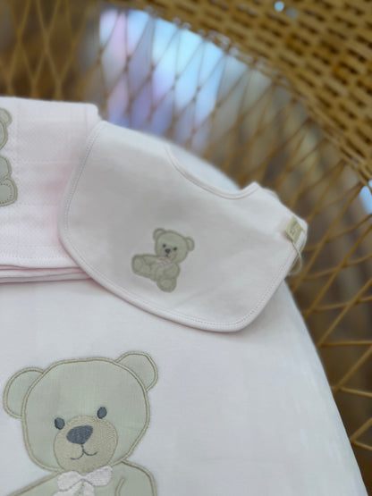 Coordinato nascita Baby Gi in ciniglia rosa con orsetto con fiocchetto