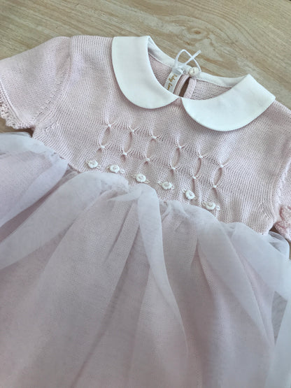 Abito Baby Lord in filo rosa mezza manica con strato in tulle e lavorazione di punto smock