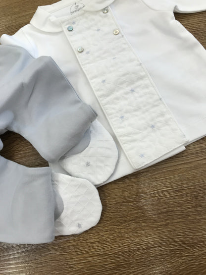 Tutina Laranjinha in cotone due pezzi bianco e grigio con piccole stelline ricamate