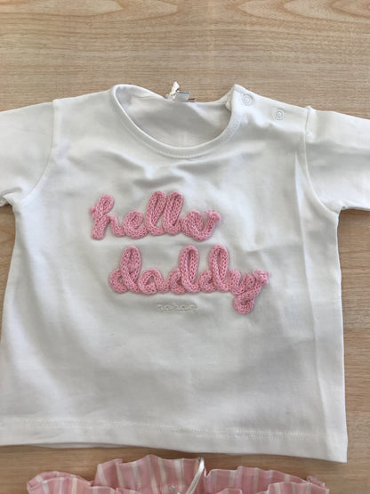 Completo Nanan in cotone t-shirt bianca con scritta rosa in rilievo con pantalone a righe bianche e rosa