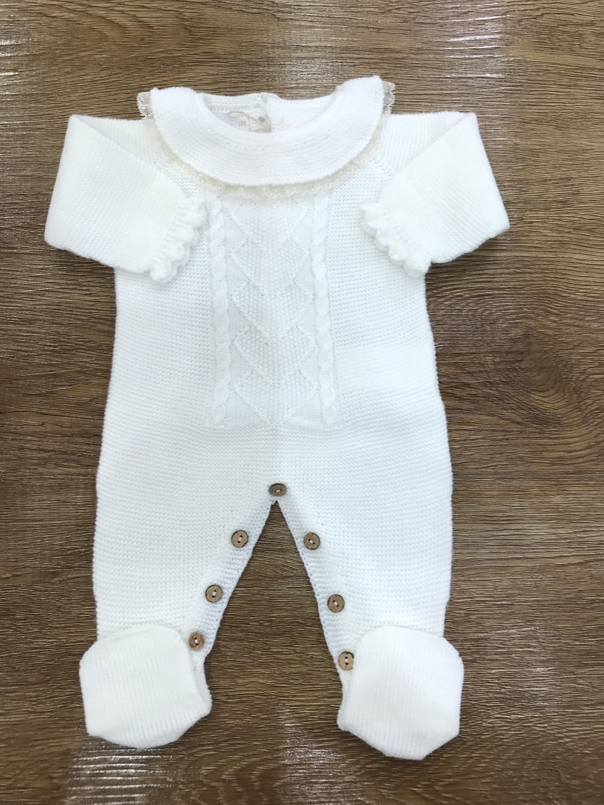 Tutina PCS intera con piedini con ricamo sul davanti e colletto con applicazione di valancienne