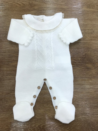 Tutina PCS intera con piedini con ricamo sul davanti e colletto con applicazione di valancienne
