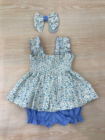 Completo Belan due pezzi casacca con bretelle a fiori con rusche sul corpetto con culotte abbinata