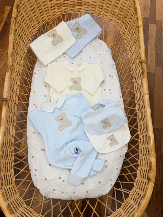Coordinato nascita Baby Gi in ciniglia con orsetti con fiocchetti