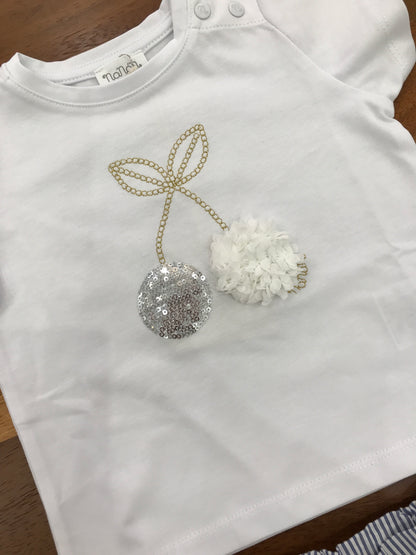 Completo Nanan T-shirt bianca con ciliegie in oro brillantinate con pantalone corto a righe bianche e blu