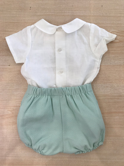 Completo Paz Rodriguez in cotone camicia mezza manica con corpetto lavorato con pois verdi con pantalone corto verde