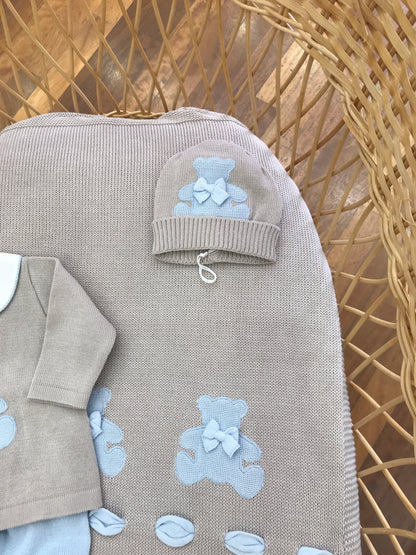 Coordinato nascita Baby Lord infilo tortora con orsetti e fiocchetti celesti