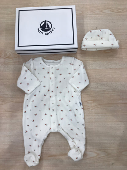 Set Petit Bateau in ciniglia bianco con fiorellini tutina intera con cappellino