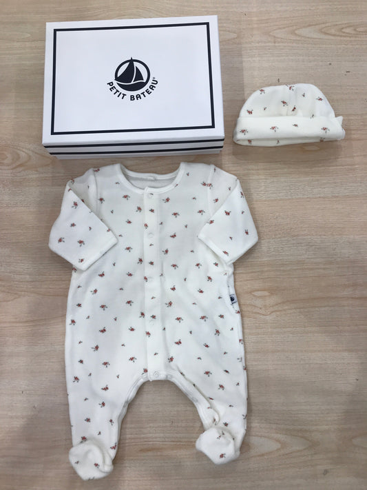 Set Petit Bateau in ciniglia bianco con fiorellini tutina intera con cappellino