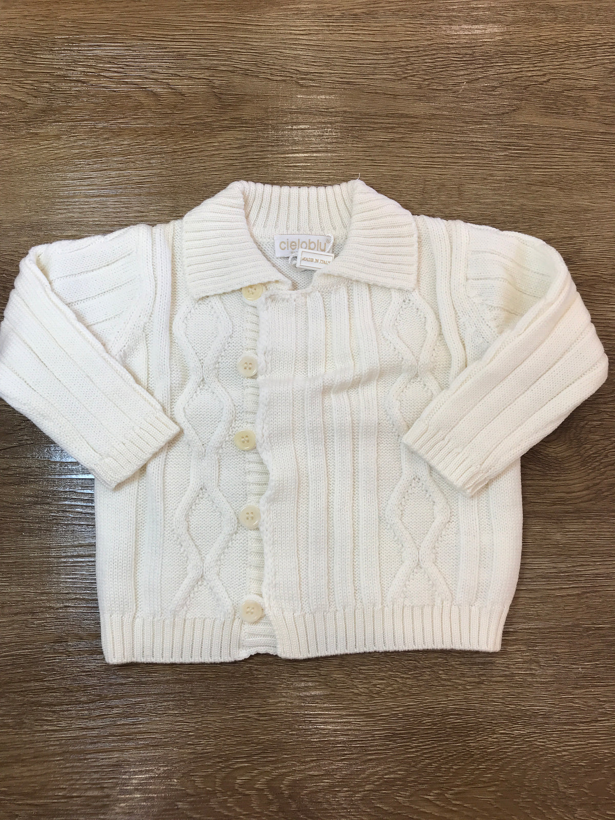 Cardigan Biebi in lana panna con lavorazione sul davanti e piccoli bottoncini