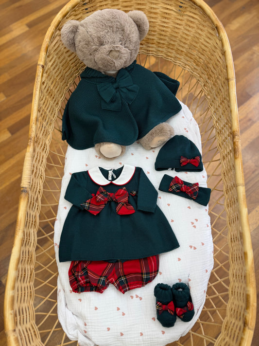 Coordinato nascita Baby Lord in lana con fiocchi e dettagli in tartan rosso