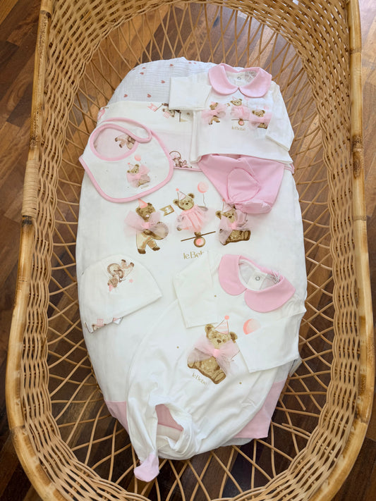 Coordinato nascita Le Bebè in cotone rosa con piccoli orsetti
